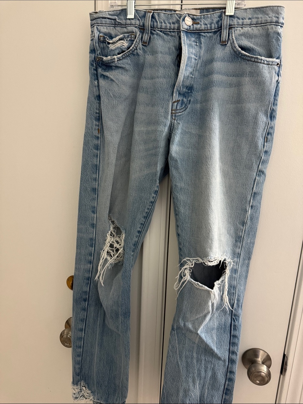 Frame Denim Light Blue Distressed Straight-Leg Jeans